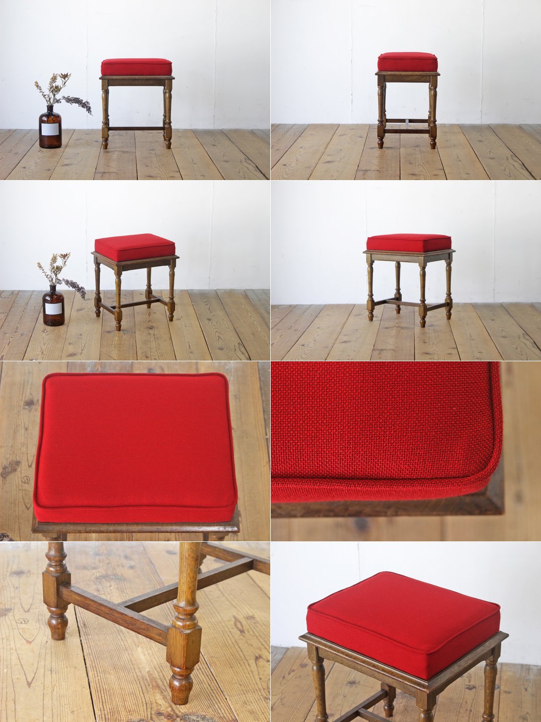 飛騨産業 キツツキ 穂高 スツール 腰掛け 椅子 張替え済み オーク材 レトロ クッション 赤/昭和大正カリモク英国洋館/NLT05036